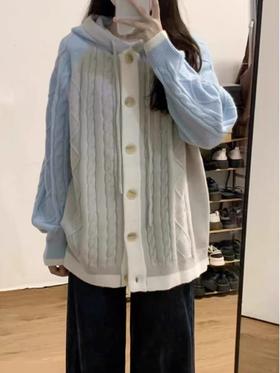 【孤品捡漏】（袖口有些脏）G20灰蓝拼色中长针织麻花连帽毛衫-喜出