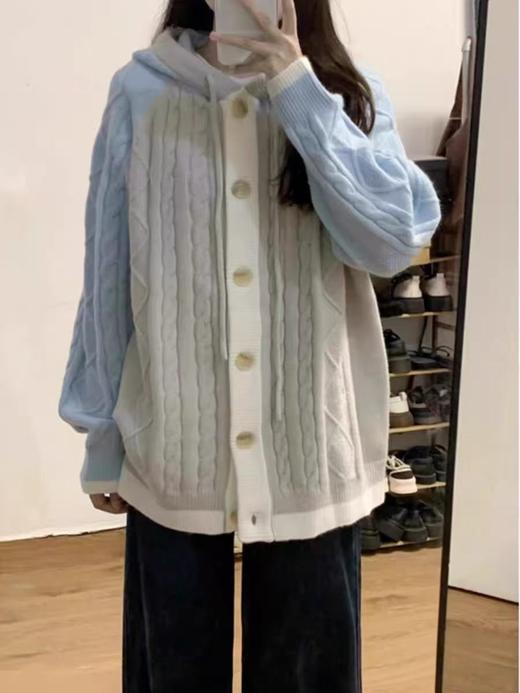 【孤品捡漏】（袖口有些脏）G20灰蓝拼色中长针织麻花连帽毛衫-喜出 商品图0