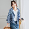 雀说蓝色格子长袖连帽衬衫女装早秋新款通勤韩系宽松小个子衬衣AL57100 商品缩略图1