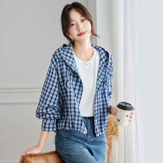 雀说蓝色格子长袖连帽衬衫女装早秋新款通勤韩系宽松小个子衬衣AL57100 商品图1