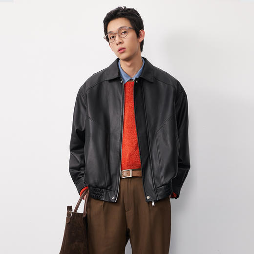 NPC潮牌复古老钱100%【绵羊皮革】翻领夹克男黑色短款秋NP57TJ38 商品图3