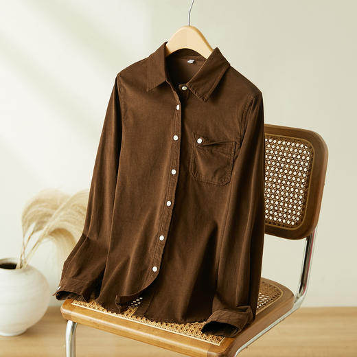 百媚生 纯棉磨毛长袖衬衫女装秋季新款通勤风翻领口袋折角多色休闲衬衣 商品图2