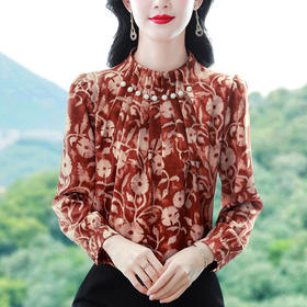 KQL 369H9978缎面立领钉珠印花长袖雪纺衬衫洋气衬衣