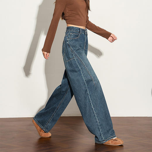 【限时秒杀】西遇复古水洗猫须阔腿牛仔裤女秋季高腰显瘦百搭宽松弯刀裤H0051300 商品图4