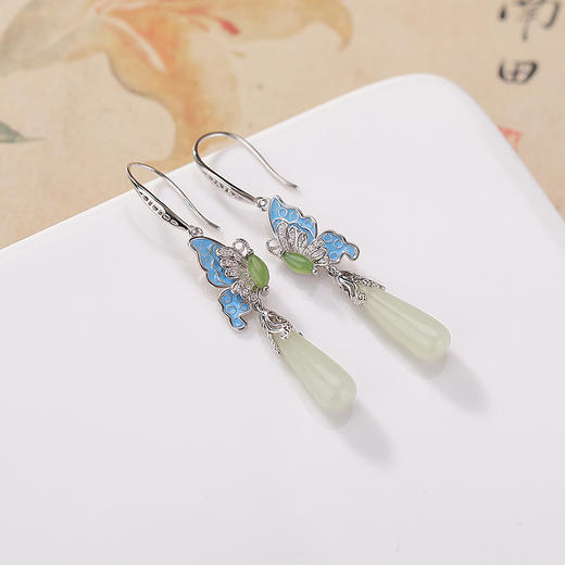 【梦幻蝴蝶】S925纯银珐琅长款水滴天然和田玉耳饰【CW-EG02322】 商品图2