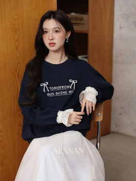 鹿向南「首尔假日」藏青色蝴蝶结卫衣女初秋慵懒洋气宽松显瘦上衣