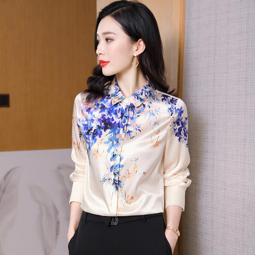 丁摩重磅真丝衬衫女长袖高端桑蚕丝新款印花时尚气质AL3551 商品图2