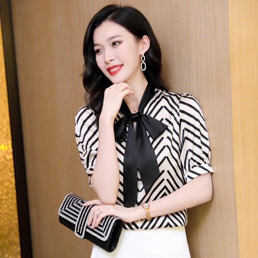 丁摩系带蝴蝶结真丝短袖气质条纹女士衬衫简约优雅上衣AL3572 商品图1