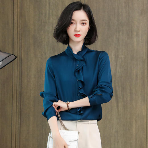 丁摩 高端真丝衬衫女长袖重磅桑蚕丝紫色木耳边上衣5ZF-3391 商品图1