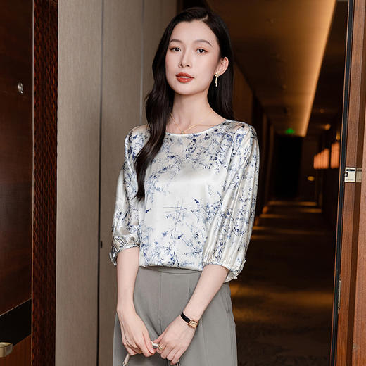 丁摩新款上新复古印花短袖圆领真丝衬衫时髦两穿百搭上衣AL3653 商品图1