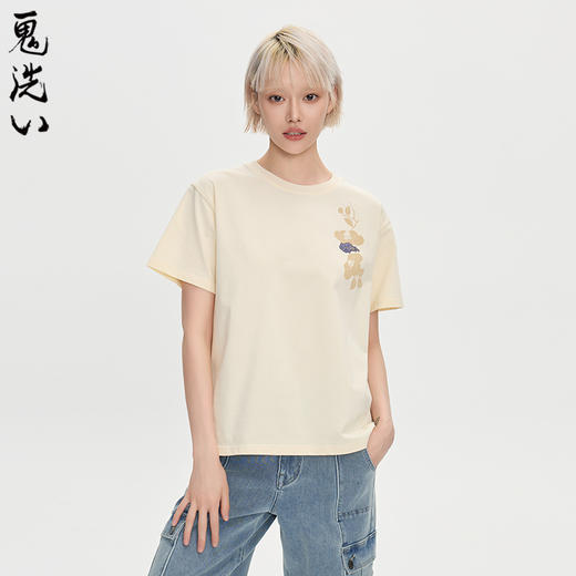 ONIARAI/鬼洗25秋季新品泥棒蓝女款如意蝴蝶绣花落肩短T N840286 商品图2