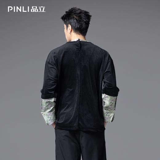PINLI品立春季新款假两件拼接提花丝绒T恤潮牌肌理长袖男上衣B253111021 商品图2