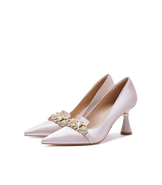 诺贝达尖头水钻高跟鞋气质粗跟婚鞋宴会婚礼通勤浅口单鞋 商品图0