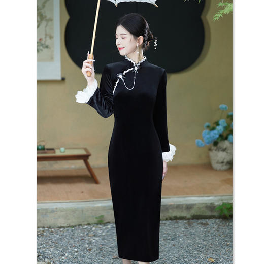 SKY 282215时尚改良新中式丝绒长袖旗袍 商品图3