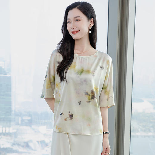 丁摩新款上新时尚扎染印花短袖真丝衬衫圆领套头百搭上衣AL3652 商品图1