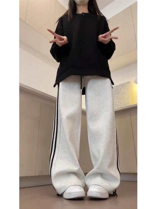 窄版阔腿裤女春秋新款高腰垂感休闲裤条纹束脚两穿加绒运动裤 商品图3