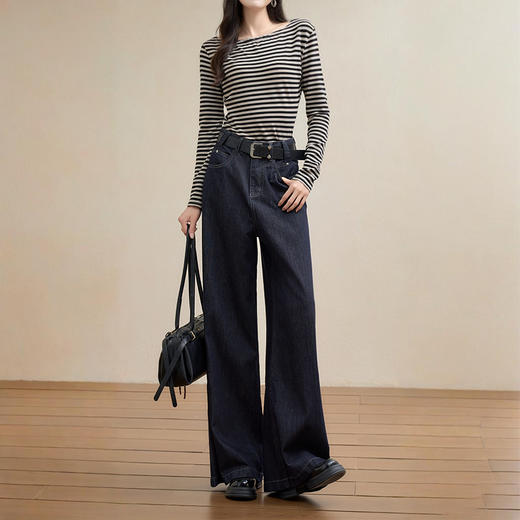 西遇宽松直筒加绒牛仔裤女秋季新款复古黑色水洗高腰阔腿裤子Y0051273/H0055371 商品图1