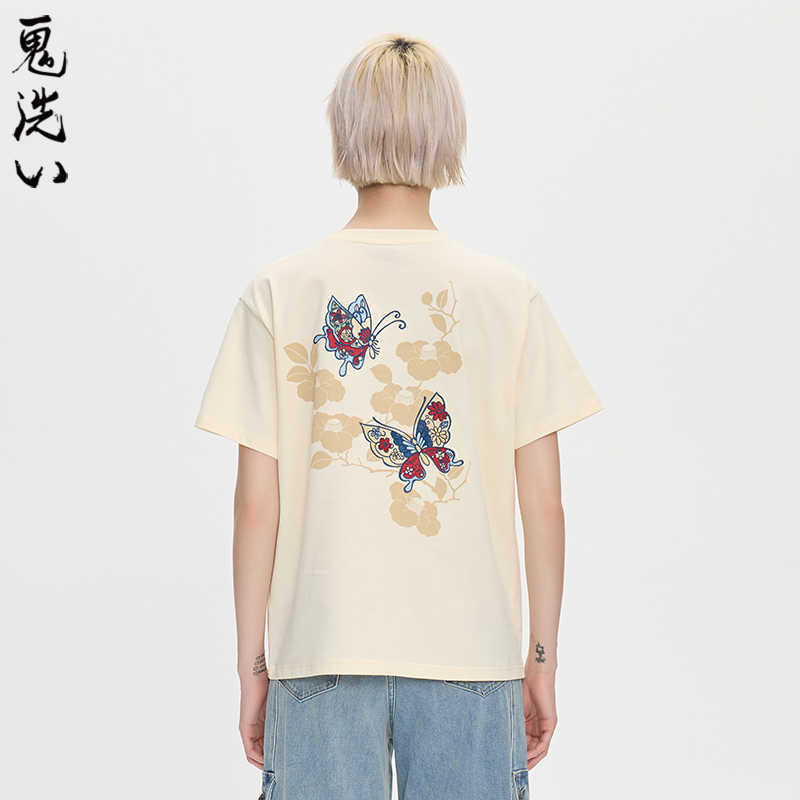 ONIARAI/鬼洗25秋季新品泥棒蓝女款如意蝴蝶绣花落肩短T N840286