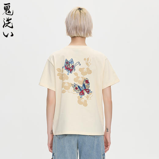 ONIARAI/鬼洗25秋季新品泥棒蓝女款如意蝴蝶绣花落肩短T N840286 商品图0