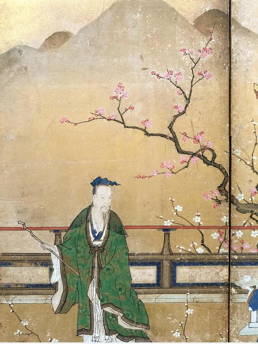 独角鹿西洋古董日本明治时期画师春笑签名出品「东方山水人物」主题纸本设色洒金六曲屏风 商品图6