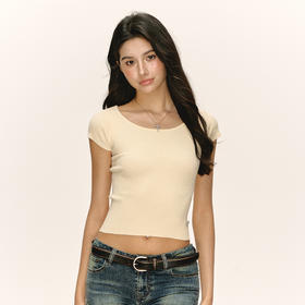 Ariseism 美式复古米黄色针织短袖女夏季新款修身上衣