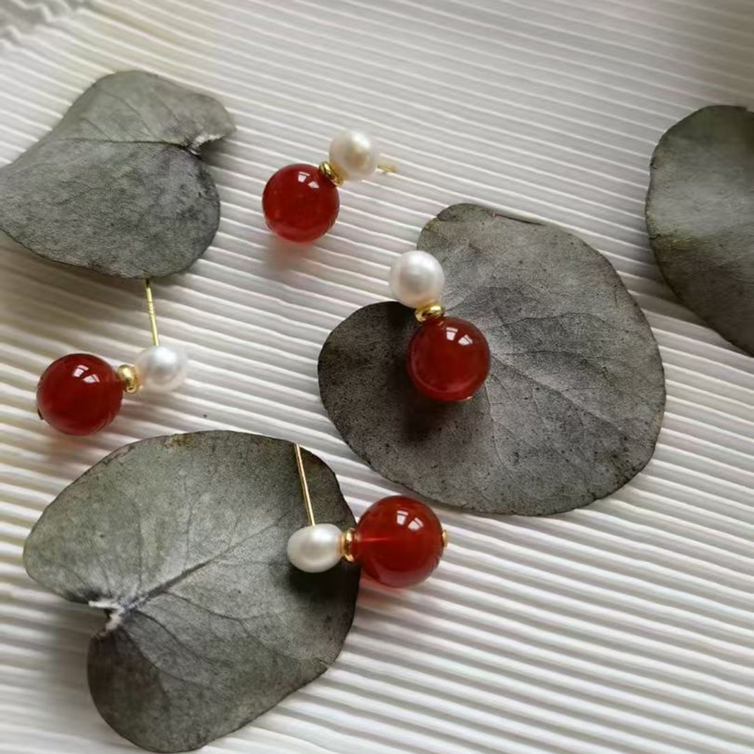 新中式红玛瑙天然淡水珍珠耳钉女S925银针小众轻奢