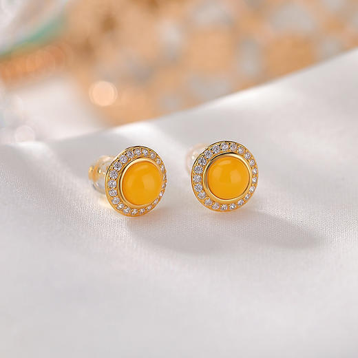 【骄阳盛我】S925纯银圆珠镶嵌蜜蜡耳钉耳饰【CW-ED04194】 商品图1