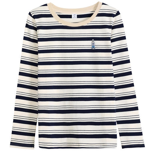 百媚生 棉质条纹刺绣公仔圆领长袖打底衫外穿上衣419 商品图4