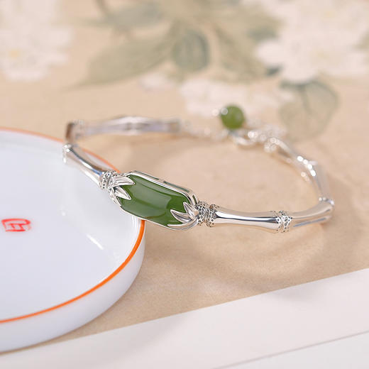 【节节高升】S925纯银天然和田玉碧玉复古亮面竹节竹叶手链【CW-SL11848】 商品图2