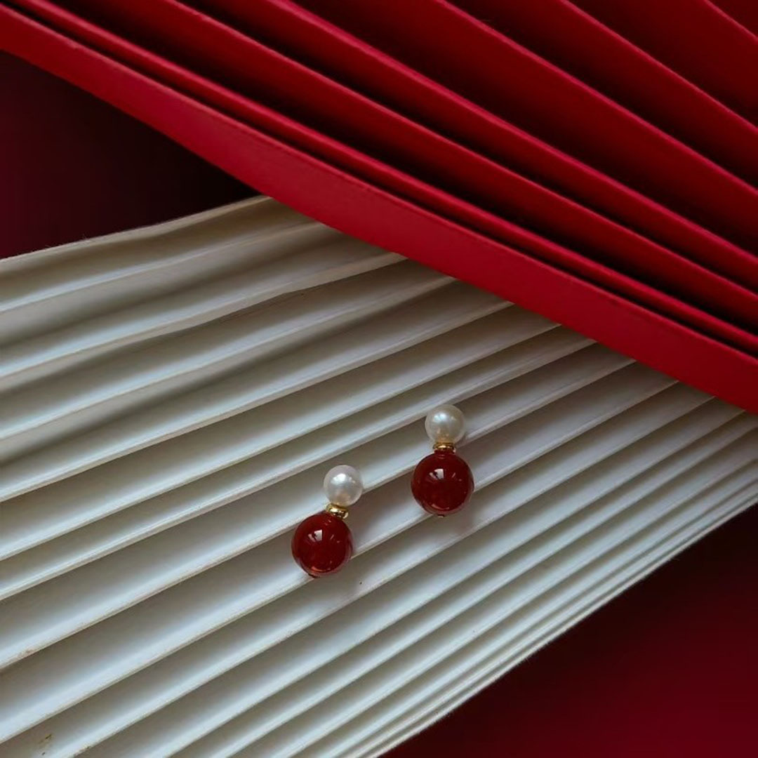 新中式红玛瑙天然淡水珍珠耳钉女S925银针小众轻奢