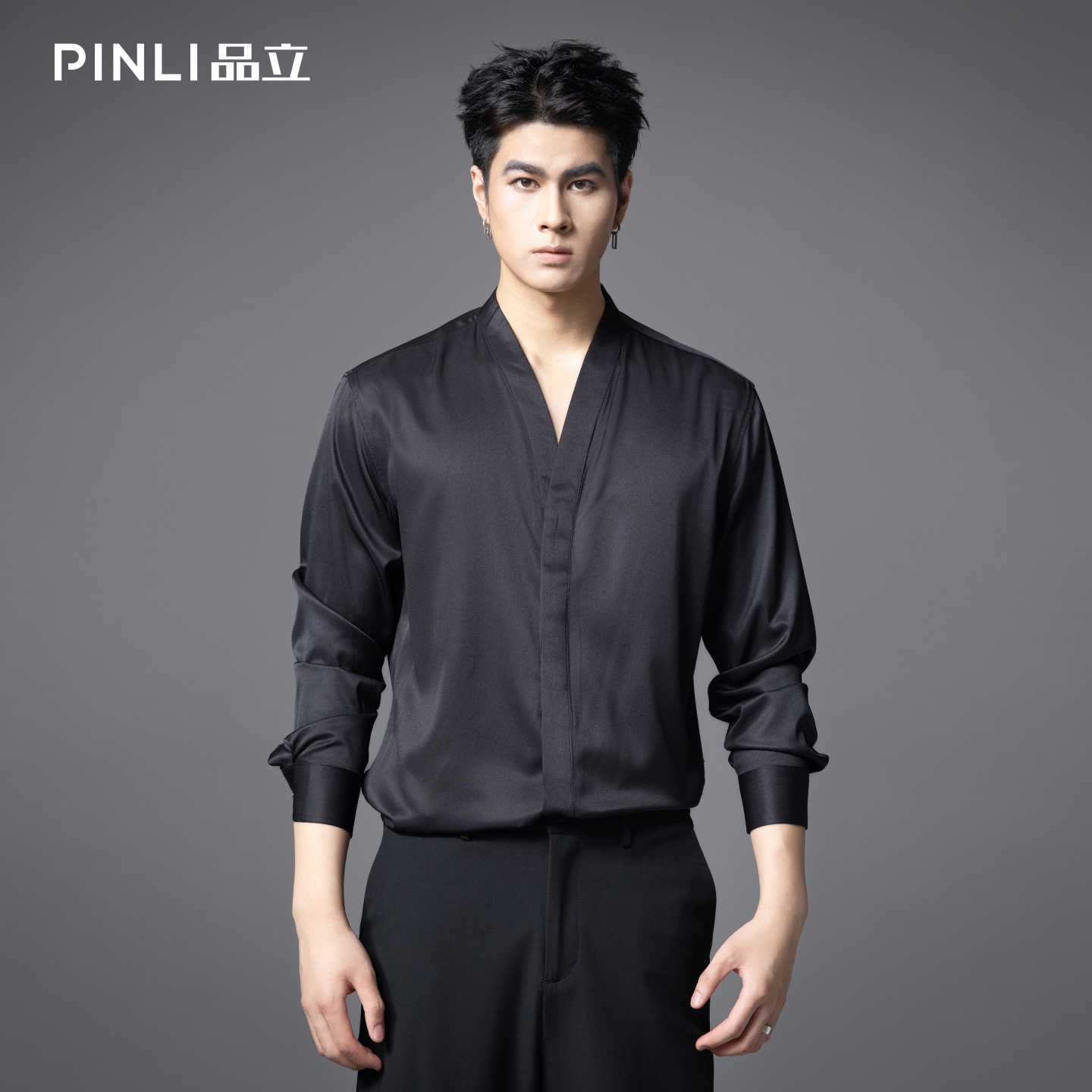 PINLI品立2025秋季新款V领纯色休闲长袖衬衫雅痞风垂感衬衣男上衣GD253113045