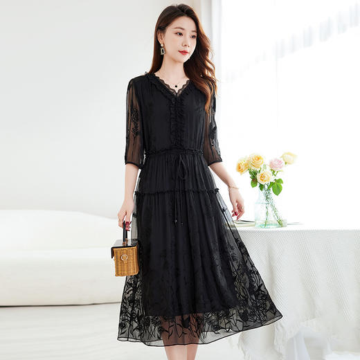 丁摩原创丝绸100%桑蚕丝重工绣花真丝连衣裙女AL9500 商品图7