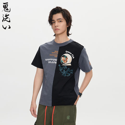 ONIARAI/鬼洗25秋新品棒系列趣味太空金鱼异色拼接短袖T N840281 商品图0
