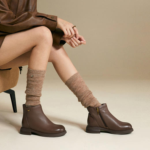 千百度圆头厚底切尔西靴女加绒简约羊皮靴保暖短靴A25580323 商品图4