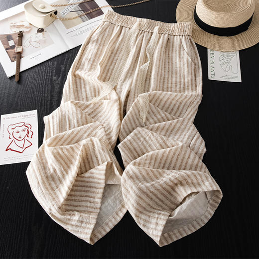 丁摩 杏色条纹阔腿裤女夏季薄款休闲裤高腰宽松显瘦亚麻直筒裤5ZF-8251 商品图0