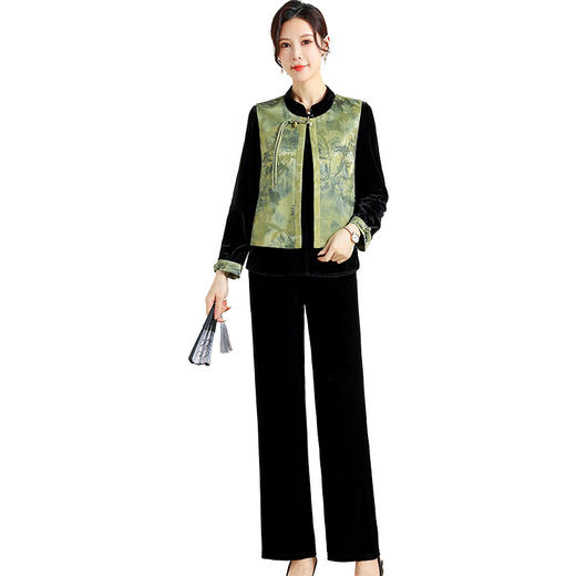 QYM CS25A60-Y时尚三件套妈妈装国风复古印花马甲+长袖小衫+直筒裤套装 商品图4