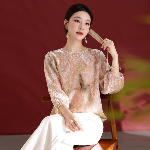 雀说新中式女款圆领真丝丝绒薄款T恤烧花慵懒风新款上衣AL1287 商品图3