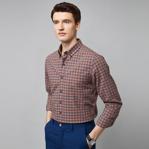 【全棉】罗蒙秋冬长袖格子衬衫厚款保暖时尚日常百搭休闲男士长袖衬衣 商品图1