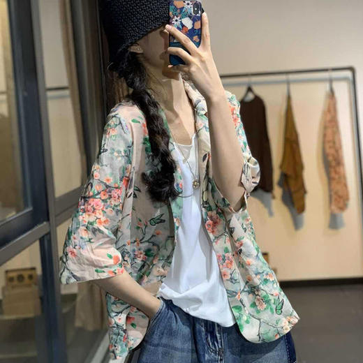 雀说新款宽松显瘦苎麻印花西装领一粒扣小西服外套上衣AL1356 商品图0