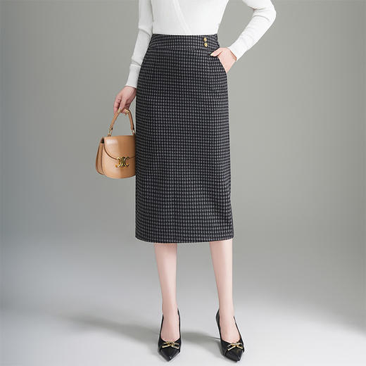 QYM 6322-Y小方格包臀裙开衩一步裙格纹半身裙 商品图0