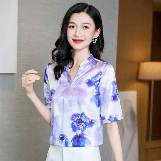 丁摩真丝中袖衬衫新款优雅知性风V领印花桑蚕丝衬衫AL3603 商品图1