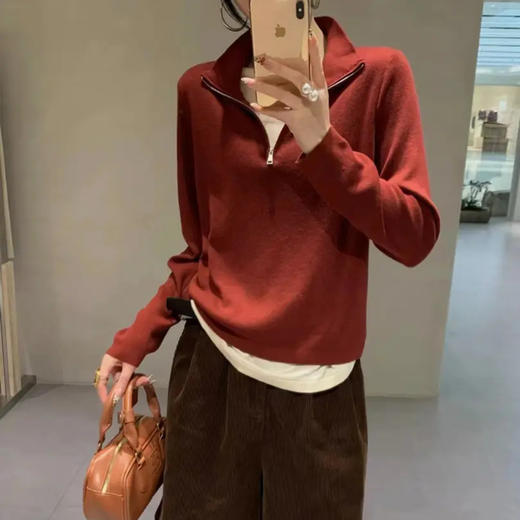 时尚秋款长袖休闲半拉链立领假两件套头针织毛衣  YX-11384535 商品图0