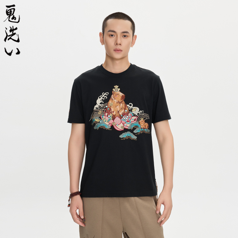 ONIARAI/鬼洗25秋泥棒蓝五運色玳瑁吐宝鼠刺绣短袖T恤男 25NOB37