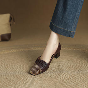 【预售5天】法式复古手抓羊皮优雅低跟单鞋女通勤真皮方头浅口小皮鞋MLS&A1030