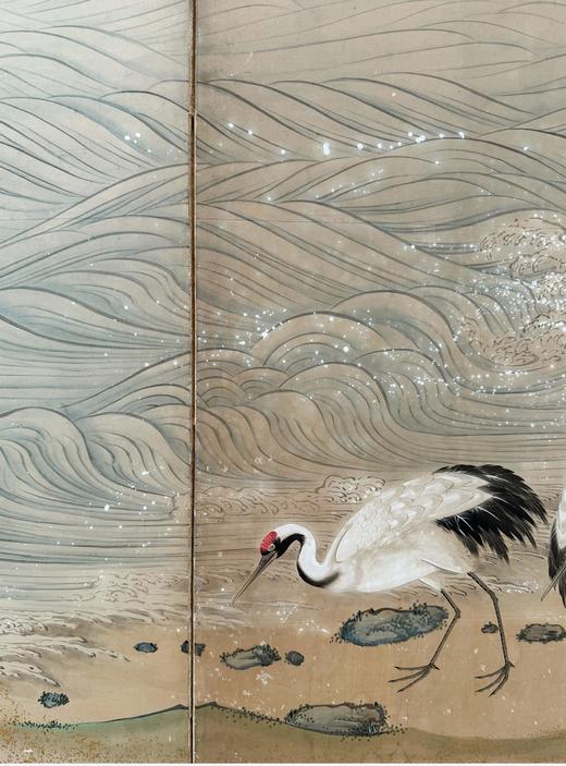 独角鹿西洋古董日本明治时期画师梁古源俊签名出品「浪迎群鹤」主题纸本设色洒金六曲屏风 商品图6