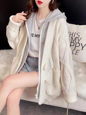 【孤品捡漏】有些脏G02针织米白假两件连帽针织衫-喜出