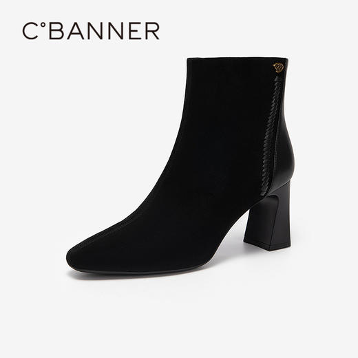 【静音系列】千百度通勤粗高跟时装靴女羊皮加绒短靴A25577234 商品图1