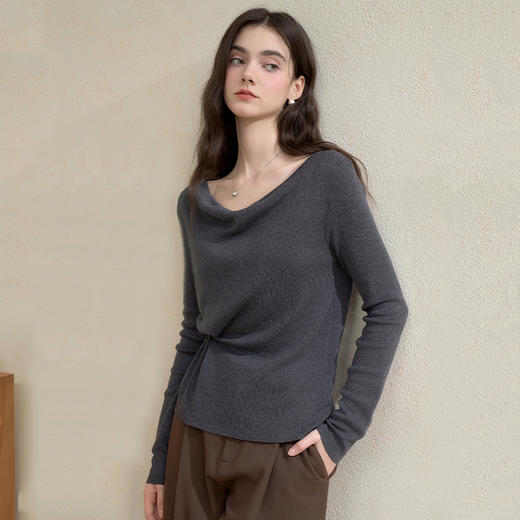 西遇法式荡领气质长袖针织T恤女秋季抽褶收腰显瘦内搭打底衫V2751162 商品图2