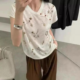 新中式国风刺绣盘扣短袖时尚休闲百搭夏季宽松印花女上衣   YX-11384329