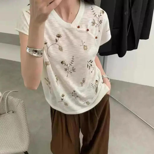 新中式国风刺绣盘扣短袖时尚休闲百搭夏季宽松印花女上衣   YX-11384329 商品图0